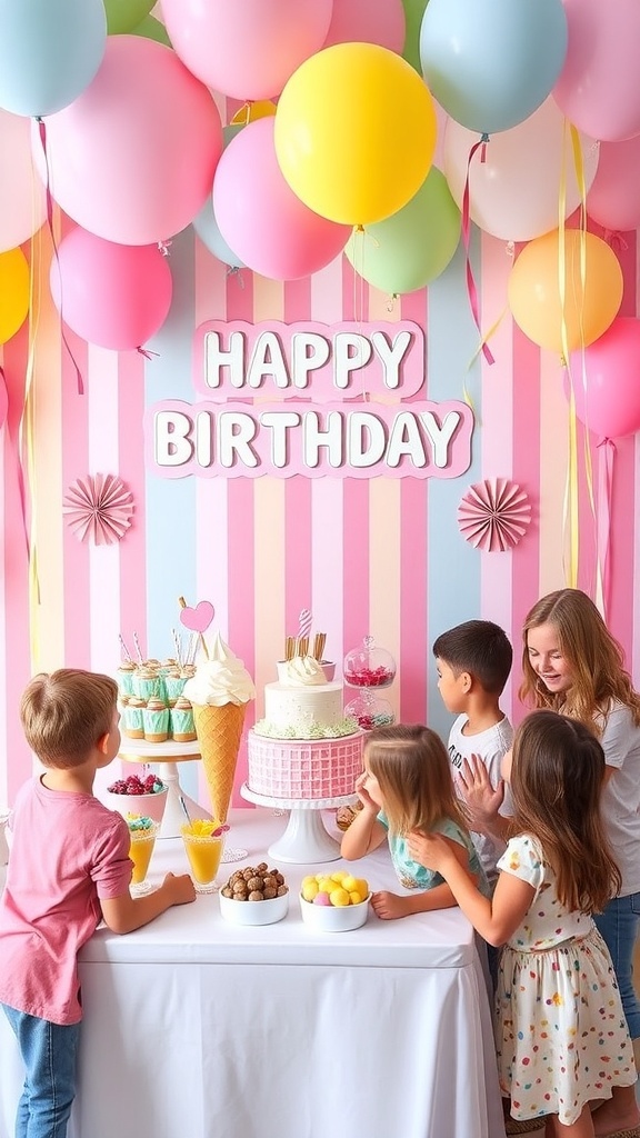 Ice Cream Theme Birthday Party Ideas for Kids A lively ice cream birthday party with kids making sundaes at a decorated table.